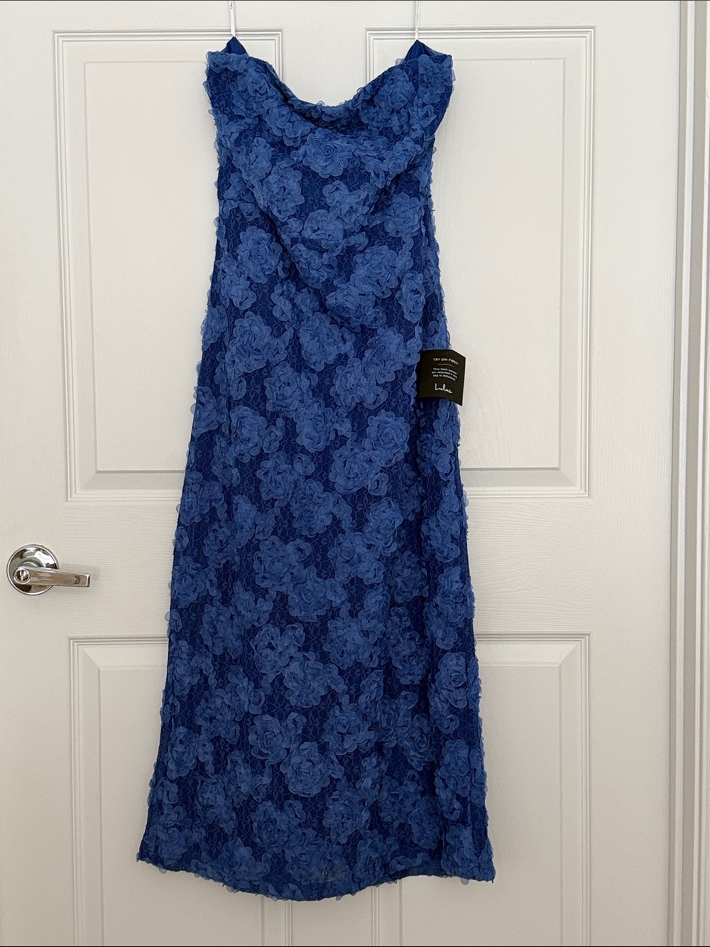 Lulu's Royal Blue Floral Applique Strapless Midi Dress